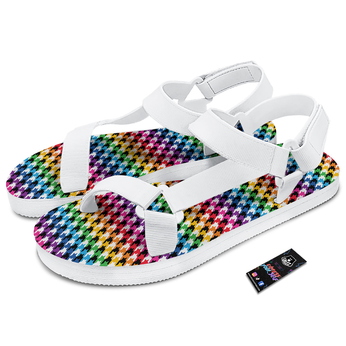 Houndstooth Rainbow Pride Print Pattern White Open Toe Sandals-grizzshop