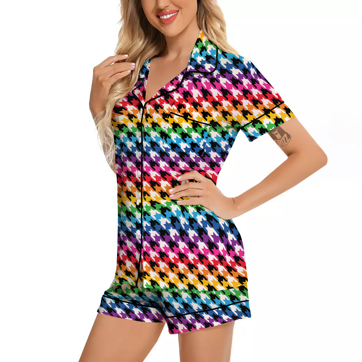 Houndstooth Rainbow Pride Print Pattern Women Silk Pajamas-grizzshop