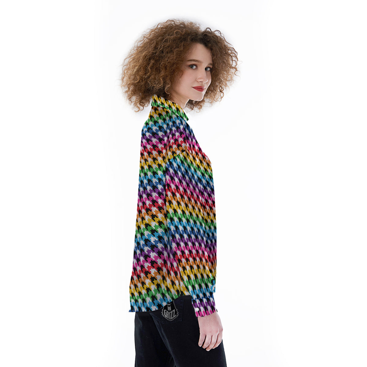 Houndstooth Rainbow Pride Print Pattern Women's Long Sleeve Shirts-grizzshop