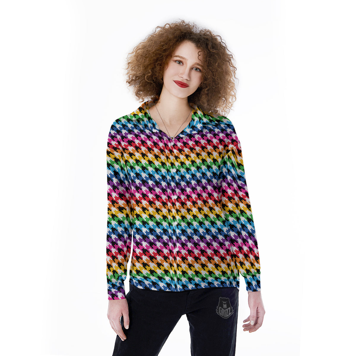 Houndstooth Rainbow Pride Print Pattern Women's Long Sleeve Shirts-grizzshop