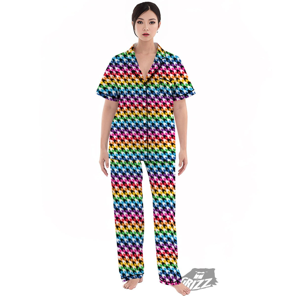 Houndstooth Rainbow Pride Print Pattern Women's Pajamas Set-grizzshop