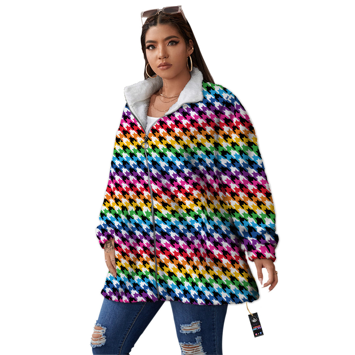 Houndstooth Rainbow Pride Print Pattern Women's Sherpa Jacket-grizzshop