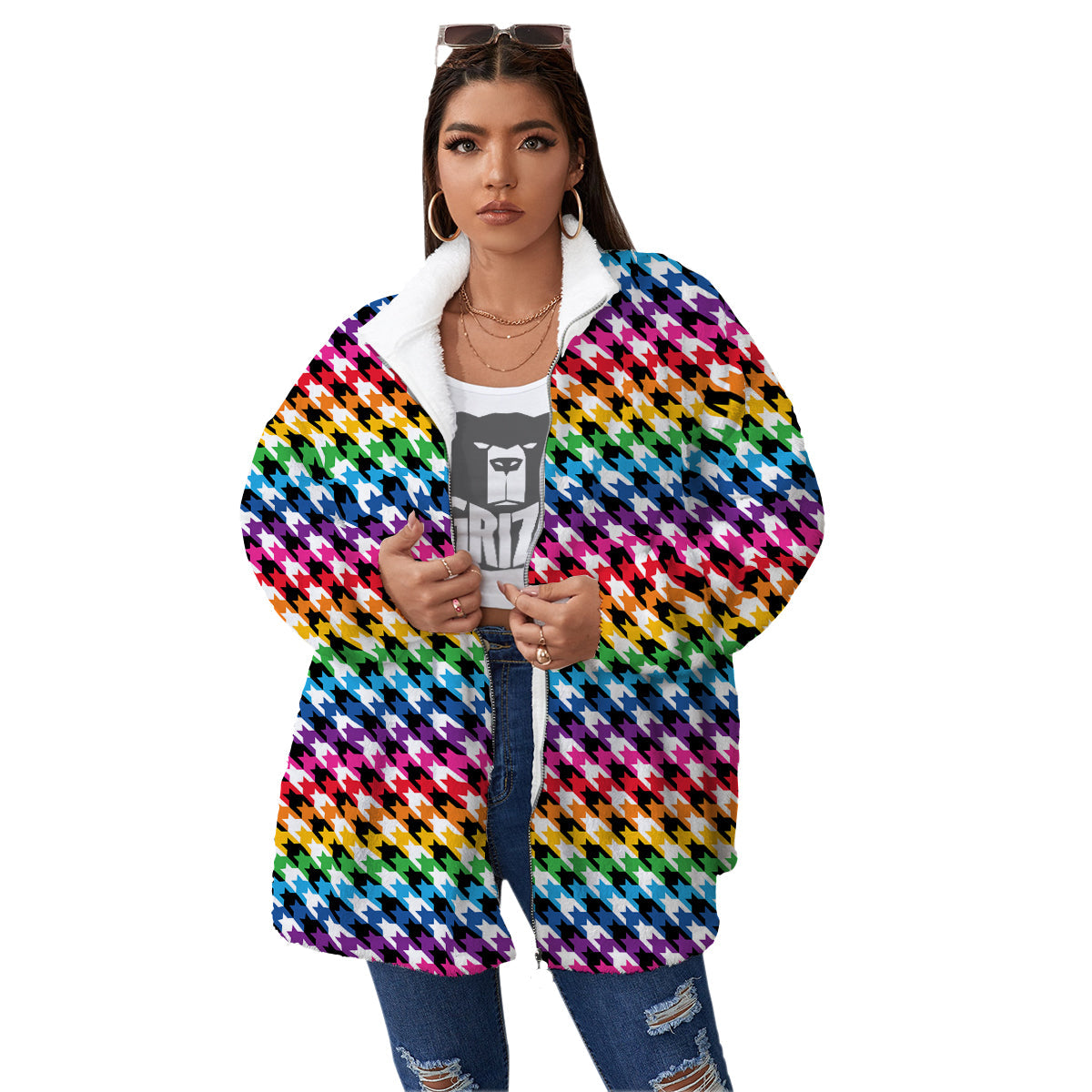 Houndstooth Rainbow Pride Print Pattern Women's Sherpa Jacket-grizzshop