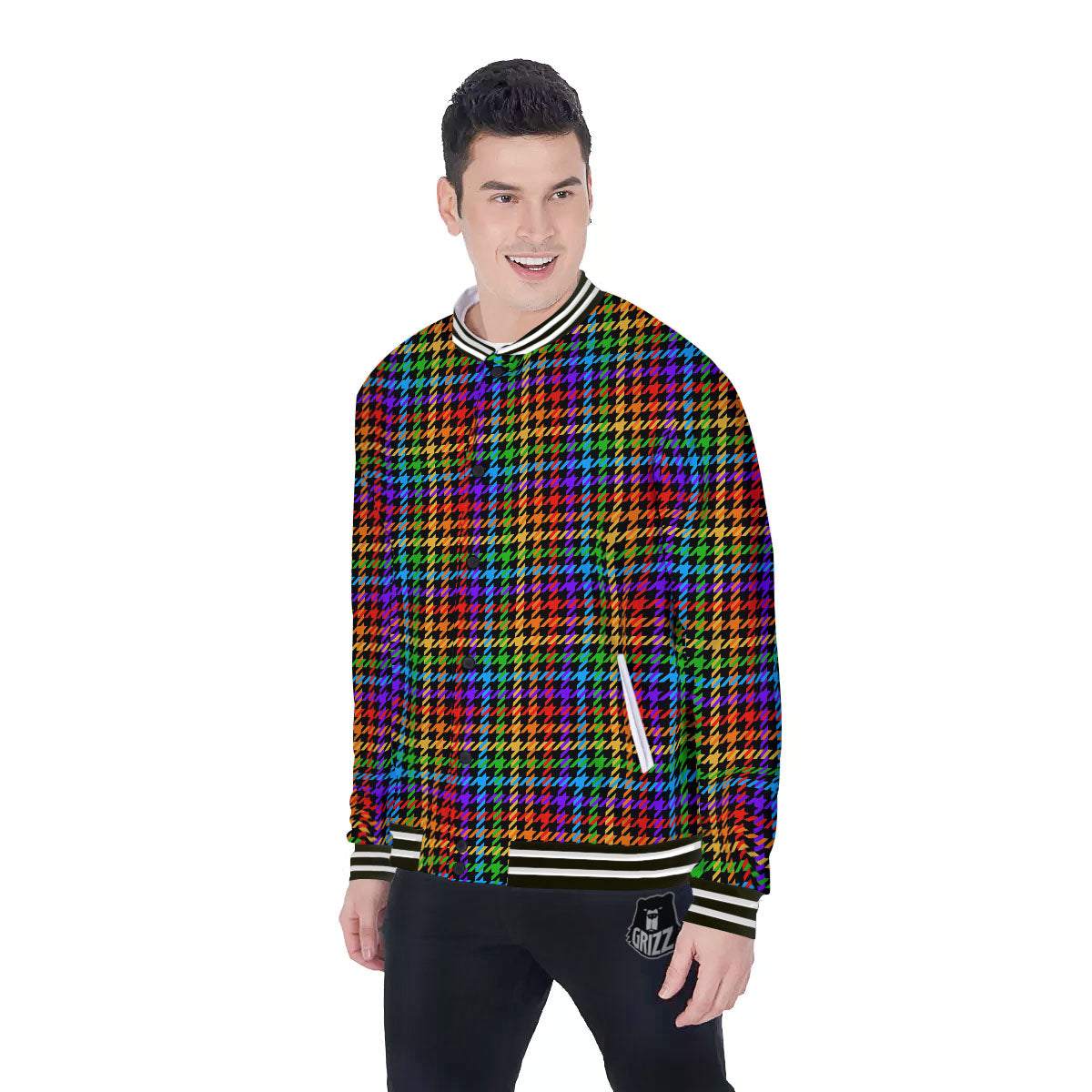 Houndstooth Rainbow Print Pattern Baseball Jacket-grizzshop
