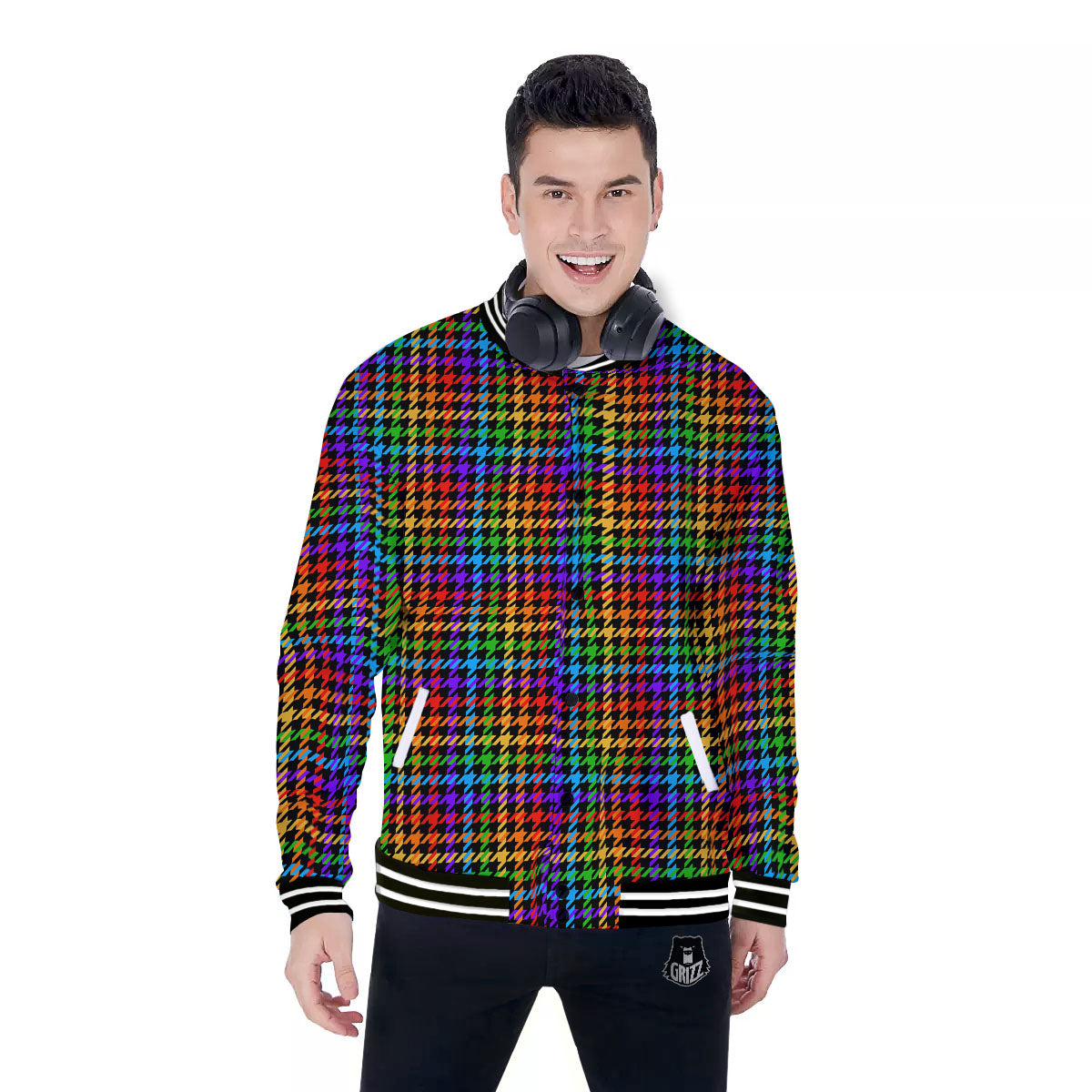 Houndstooth Rainbow Print Pattern Baseball Jacket-grizzshop