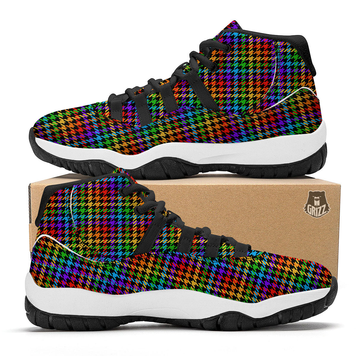 Houndstooth Rainbow Print Pattern Black Bball Shoes-grizzshop