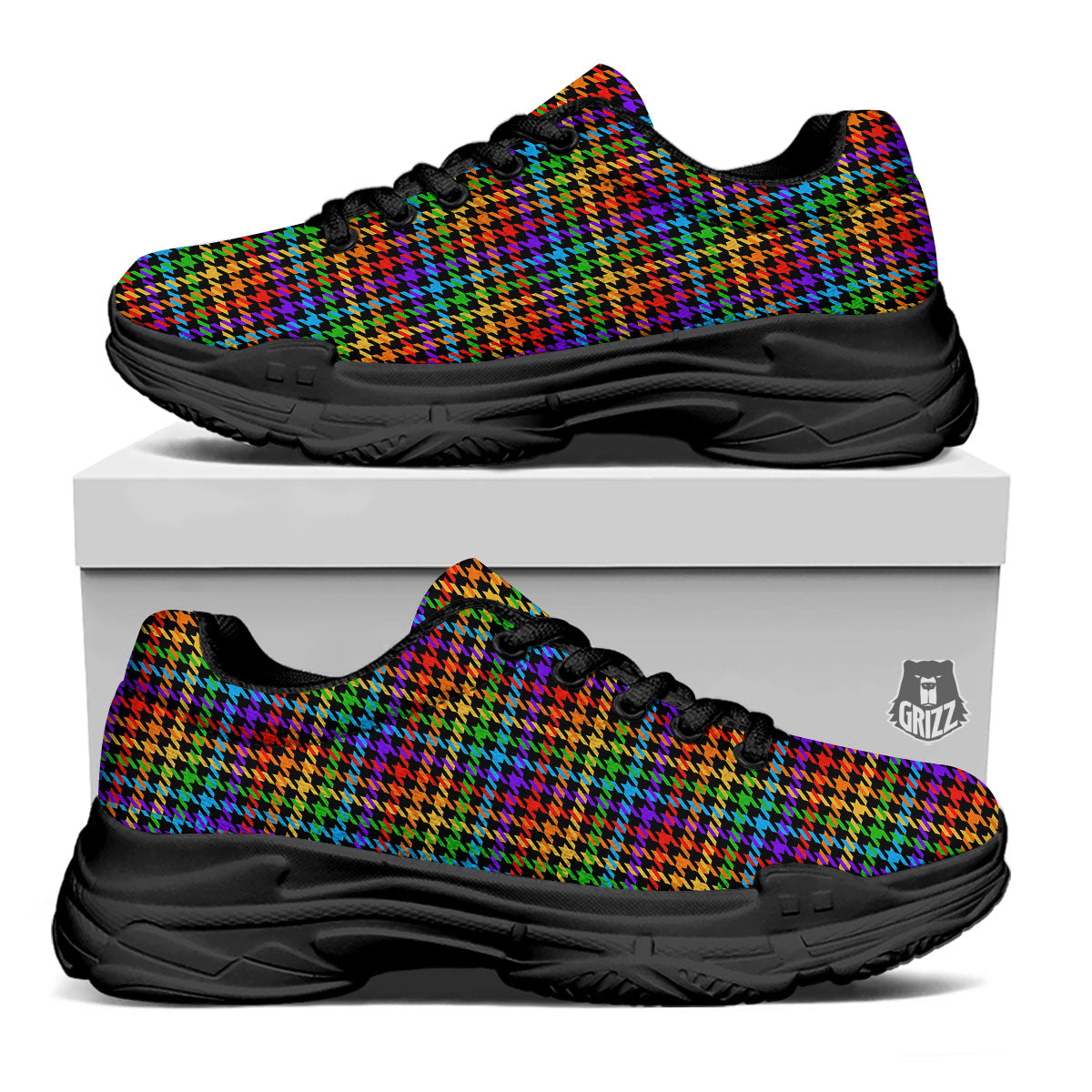 Houndstooth Rainbow Print Pattern Black Chunky Shoes-grizzshop