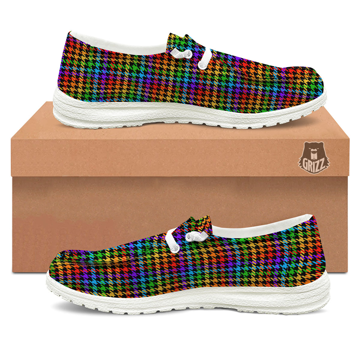 Houndstooth Rainbow Print Pattern Black Loafers-grizzshop