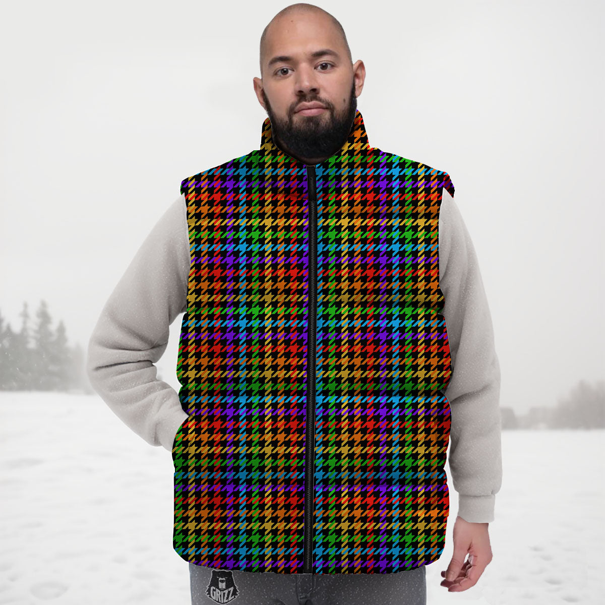 Houndstooth Rainbow Print Pattern Down Vest