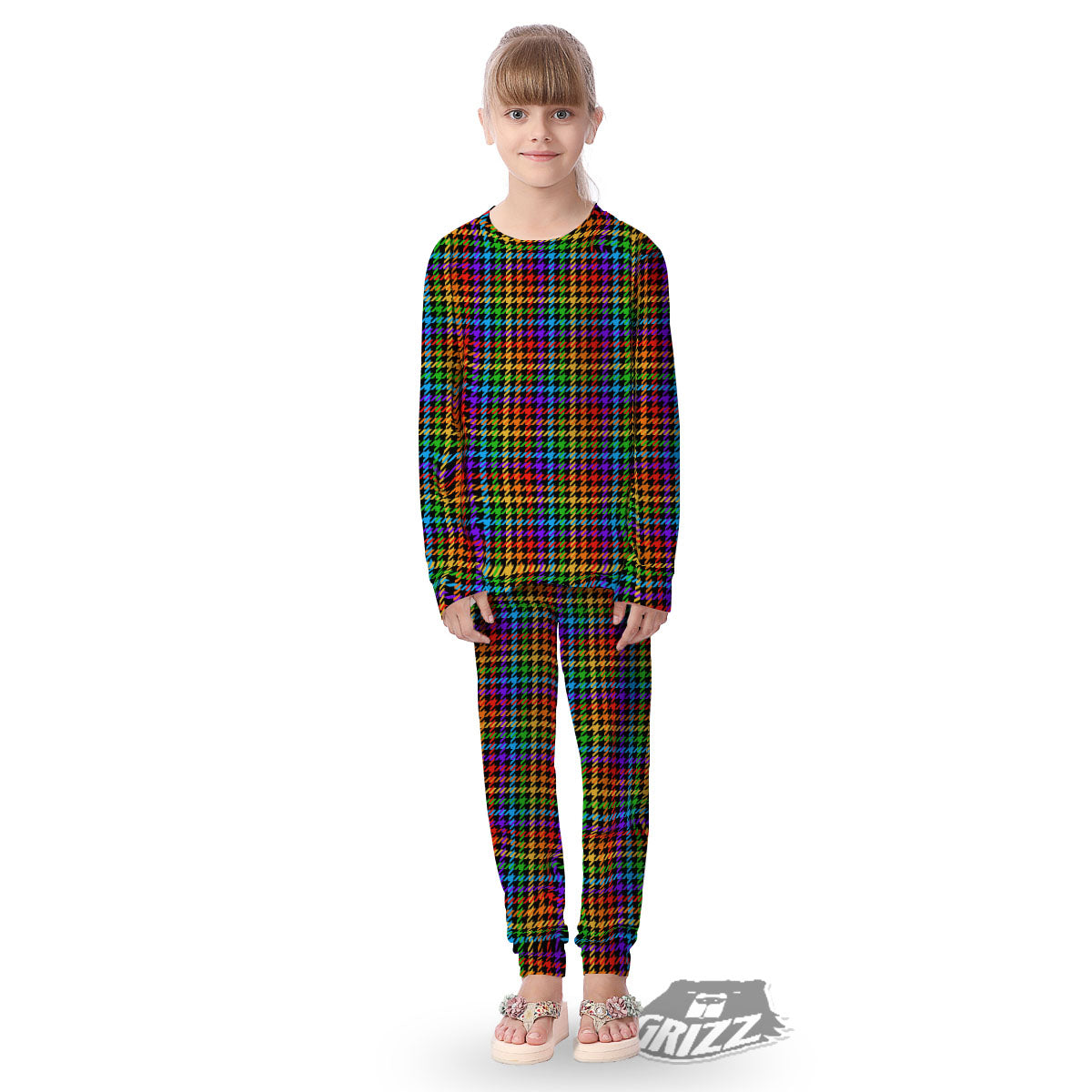 Houndstooth Rainbow Print Pattern Kid's Pajamas-grizzshop