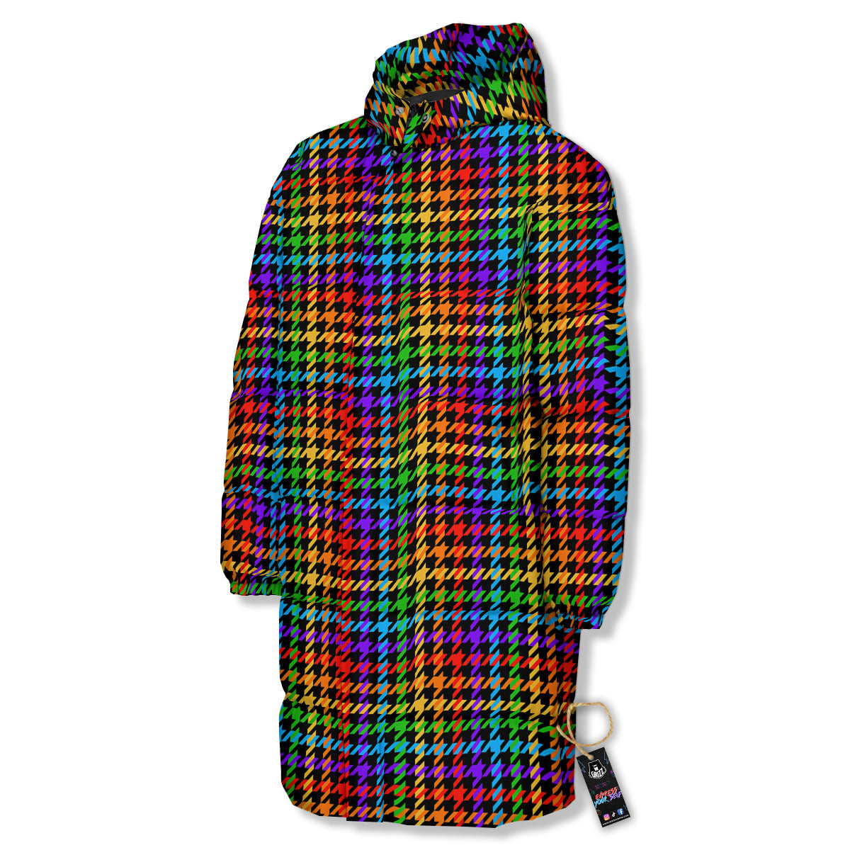Houndstooth Rainbow Print Pattern Long Down Jacket-grizzshop