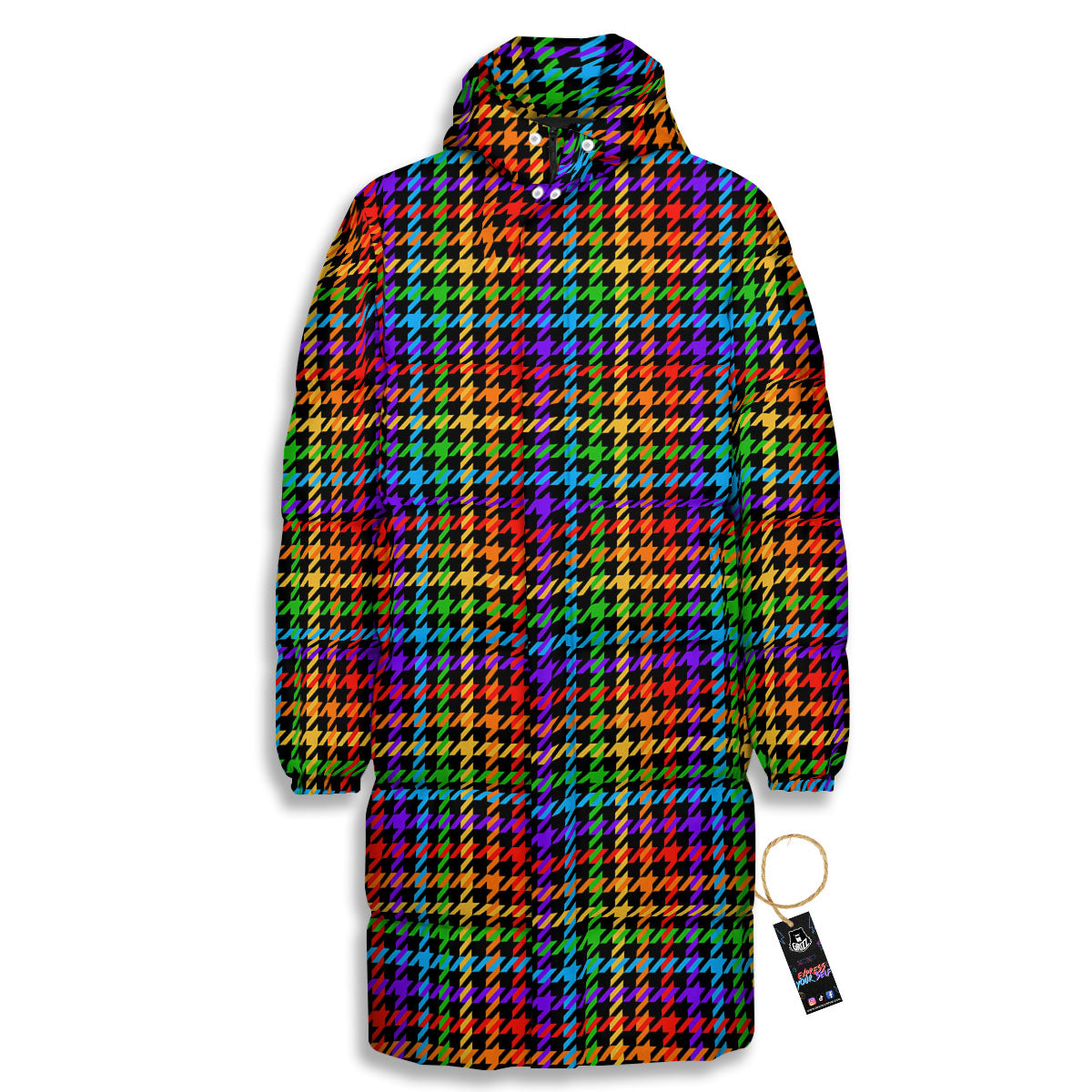 Houndstooth Rainbow Print Pattern Long Down Jacket-grizzshop