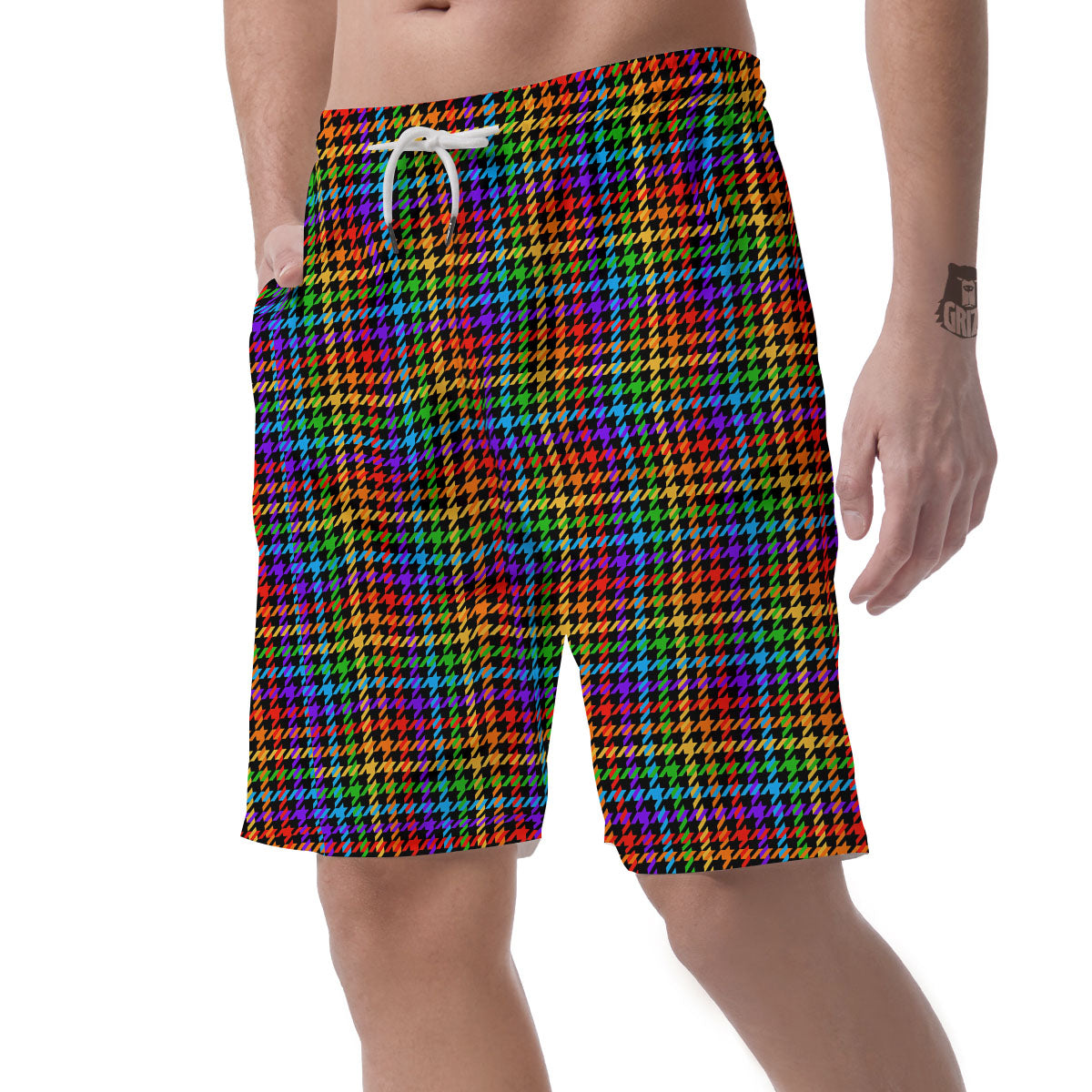 Houndstooth Rainbow Print Pattern Men's Shorts-grizzshop