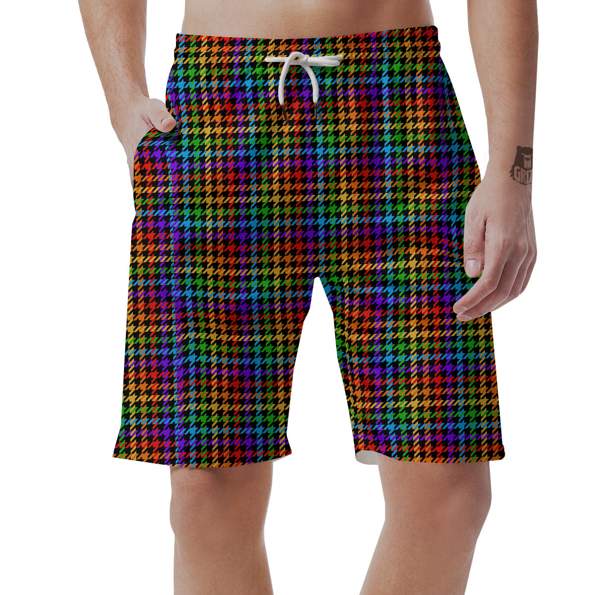 Houndstooth Rainbow Print Pattern Men's Shorts-grizzshop