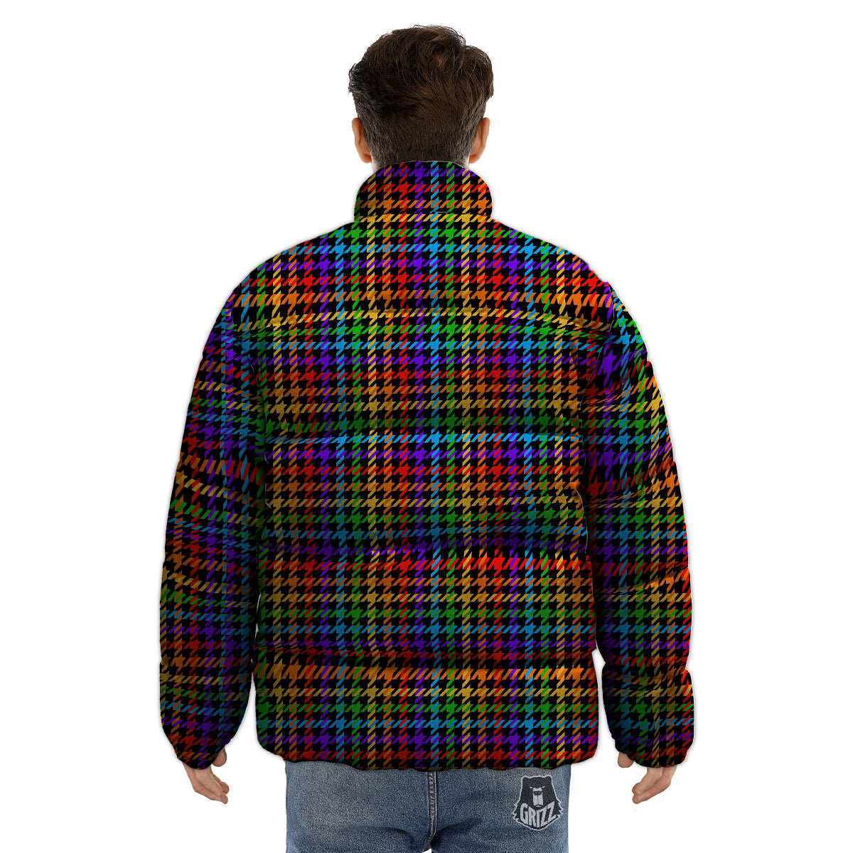 Houndstooth Rainbow Print Pattern Puffer Jacket-grizzshop
