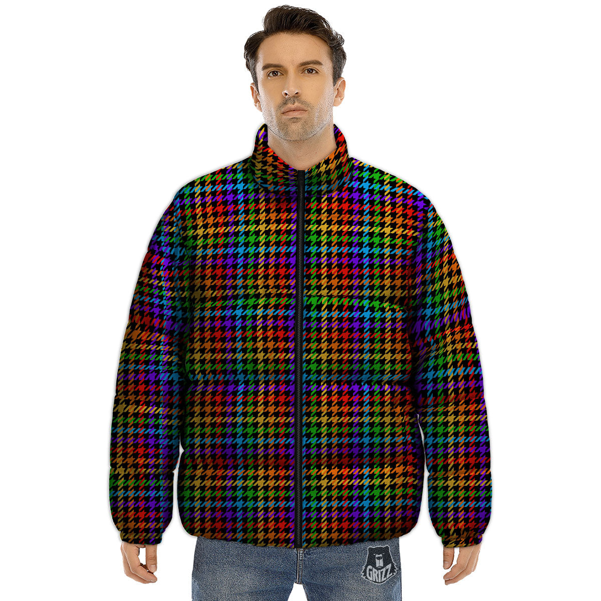 Houndstooth Rainbow Print Pattern Puffer Jacket-grizzshop