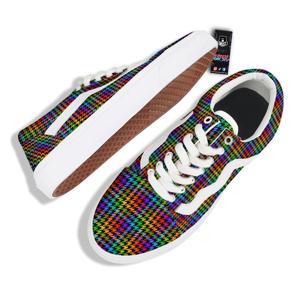 Houndstooth Rainbow Print Pattern Skate Shoes-grizzshop