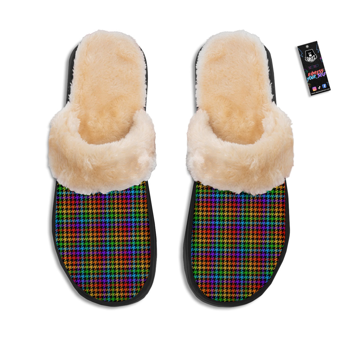 Houndstooth Rainbow Print Pattern Slippers-grizzshop