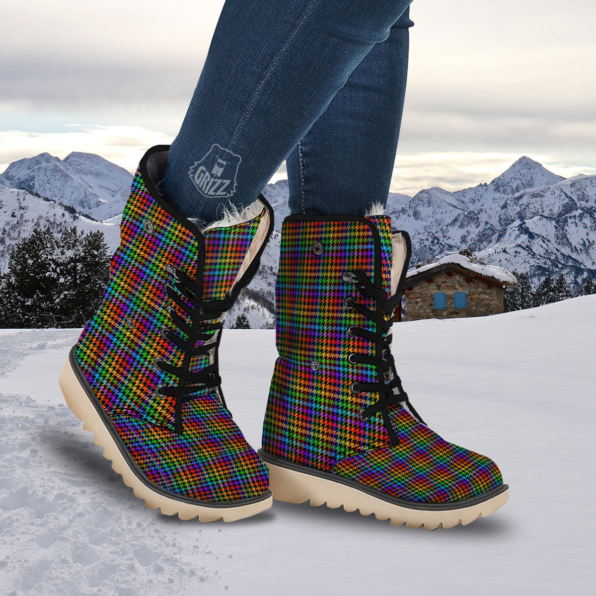 Houndstooth Rainbow Print Pattern Snow Boots-grizzshop
