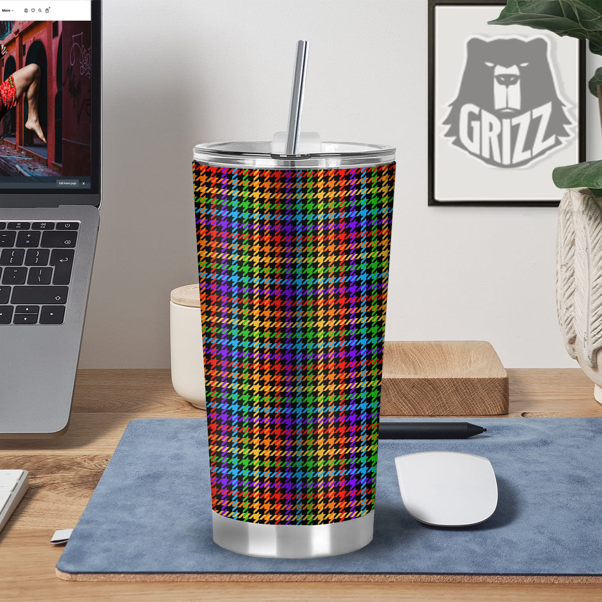 Houndstooth Rainbow Print Pattern Tumbler-grizzshop