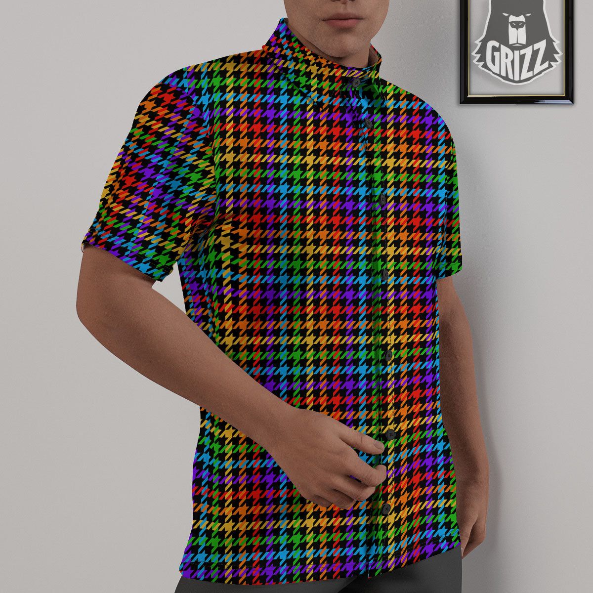 Houndstooth Rainbow Print Pattern Untucked Shirts-grizzshop