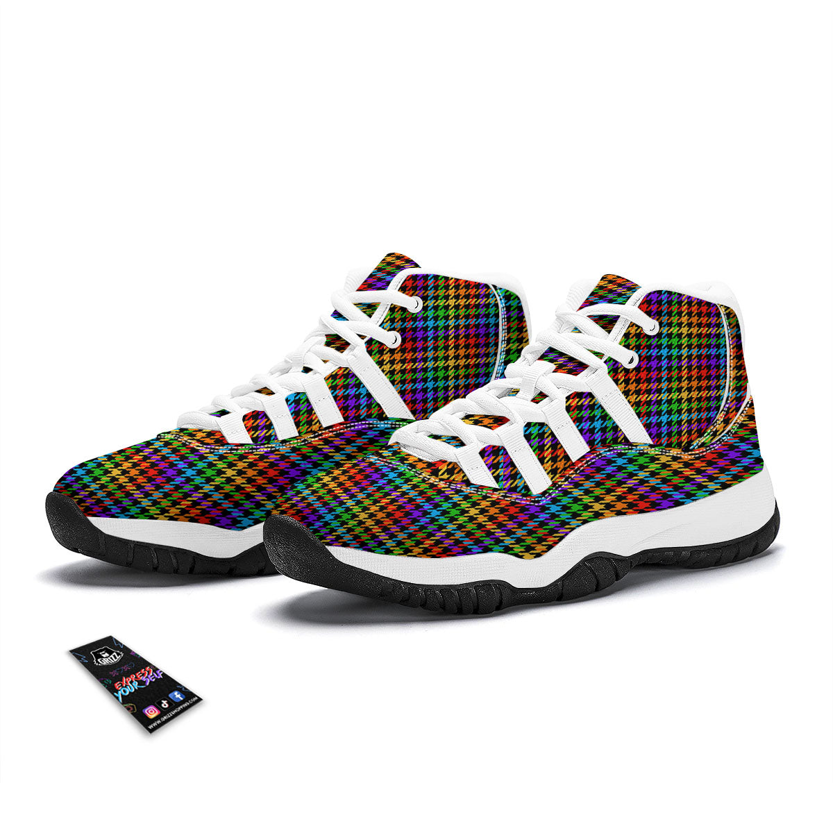 Houndstooth Rainbow Print Pattern White Bball Shoes-grizzshop