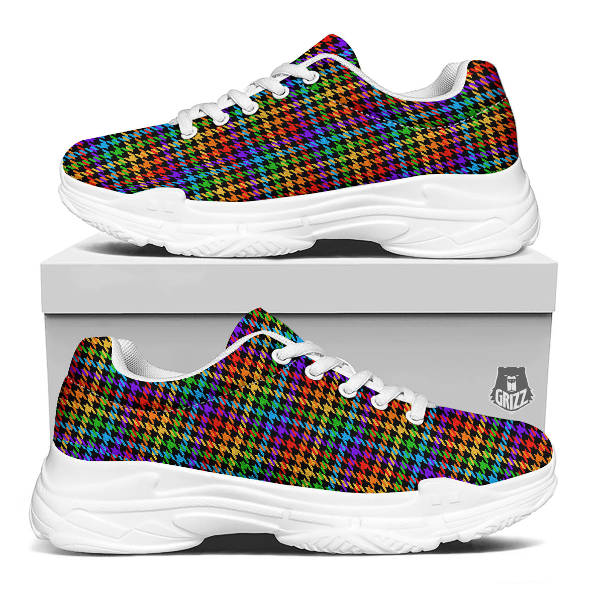 Houndstooth Rainbow Print Pattern White Chunky Shoes-grizzshop