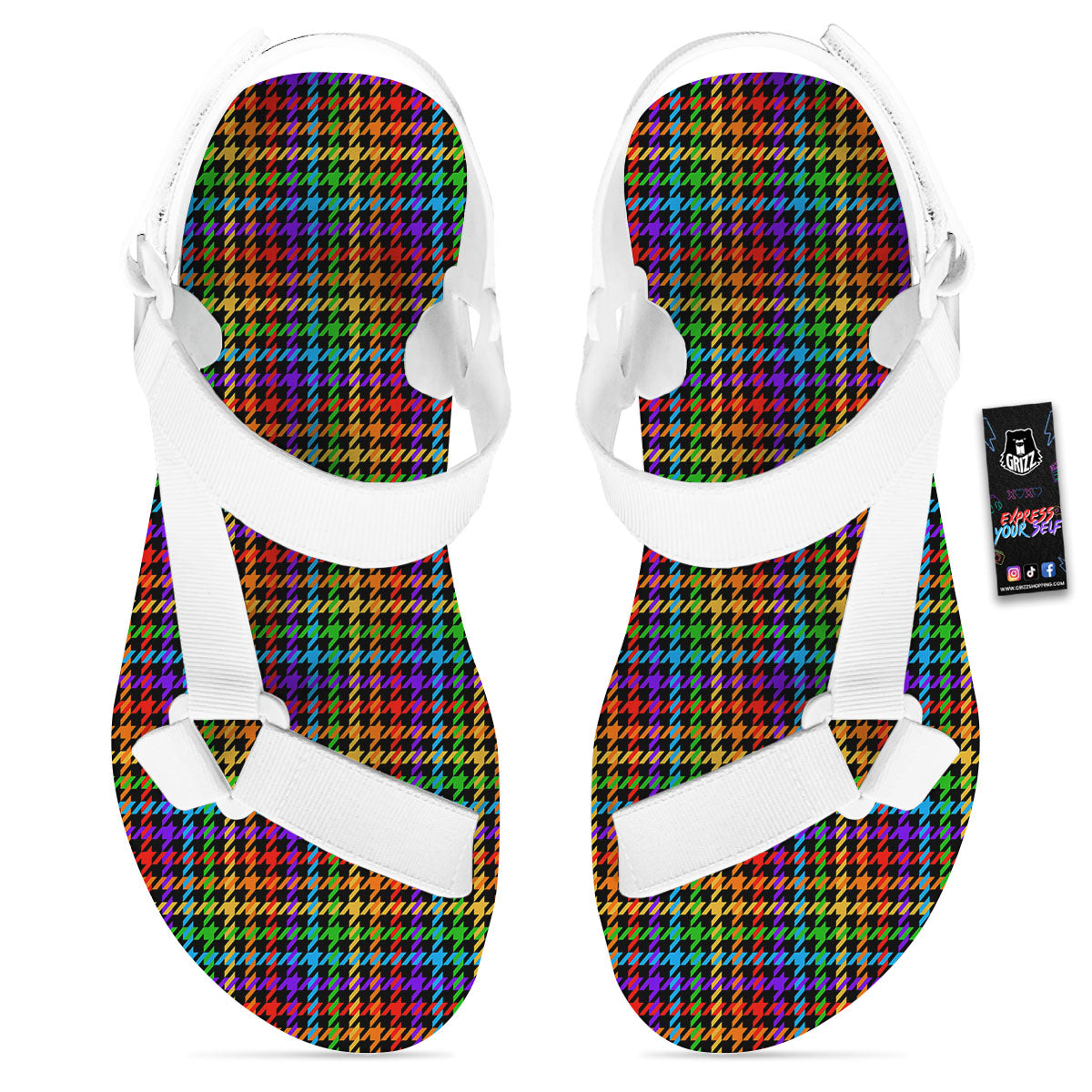 Houndstooth Rainbow Print Pattern White Open Toe Sandals-grizzshop