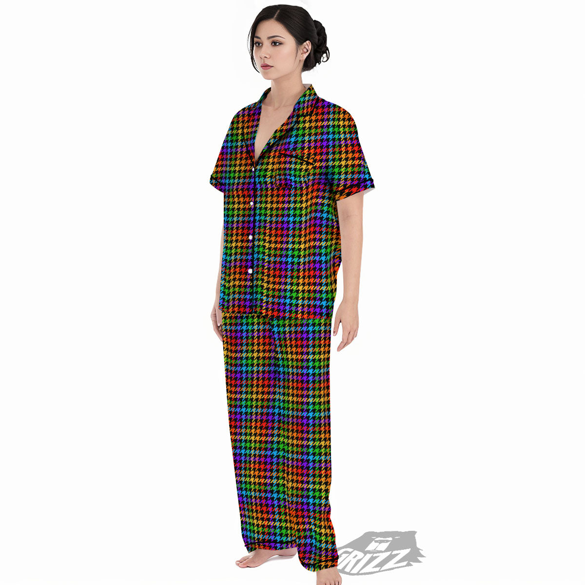 Houndstooth Rainbow Print Pattern Women's Pajamas Set-grizzshop