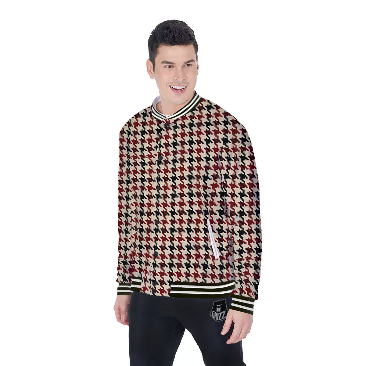 Houndstooth Red Brown Print Pattern Baseball Jacket-grizzshop