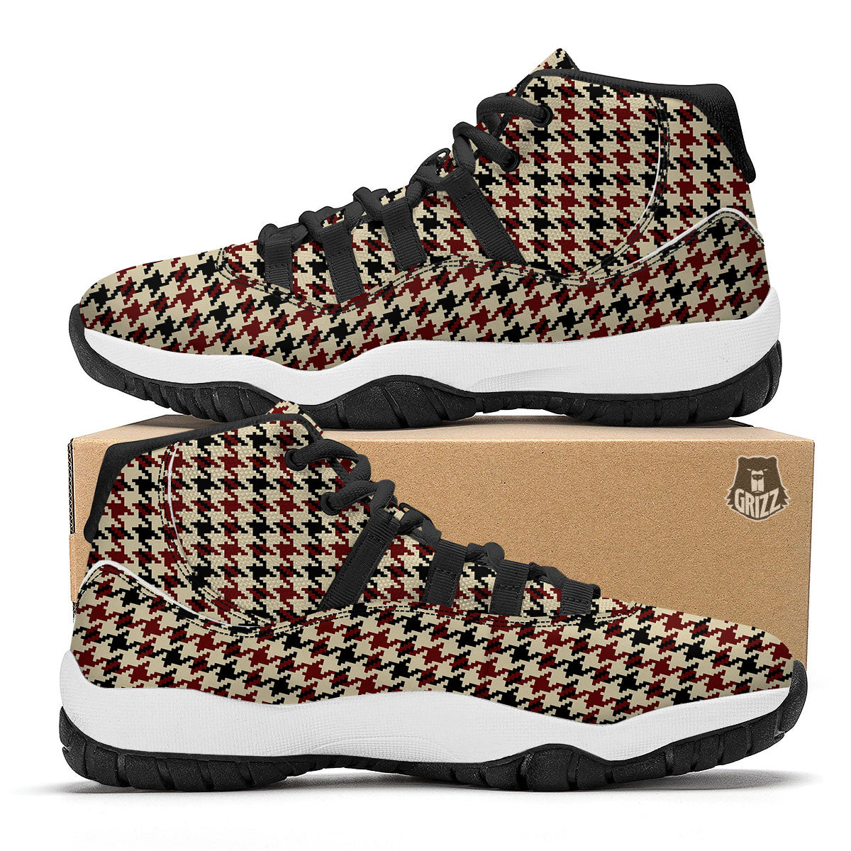 Houndstooth Red Brown Print Pattern Black Bball Shoes-grizzshop
