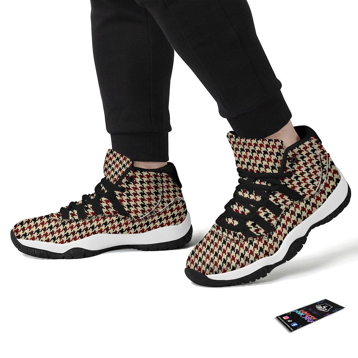 Houndstooth Red Brown Print Pattern Black Bball Shoes-grizzshop