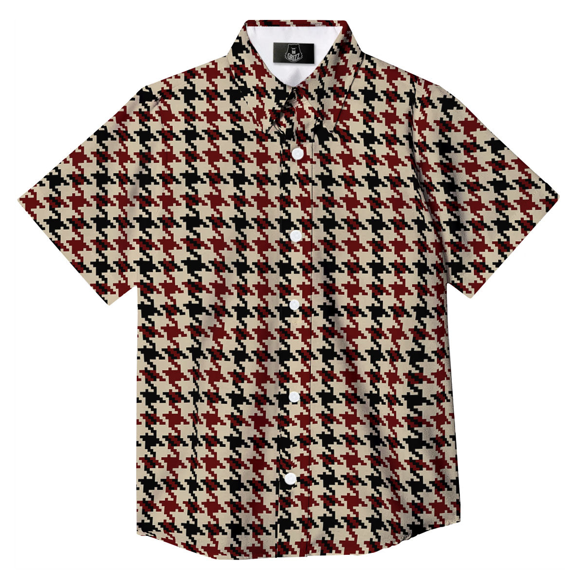Houndstooth Red Brown Print Pattern Button Up Shirt-grizzshop