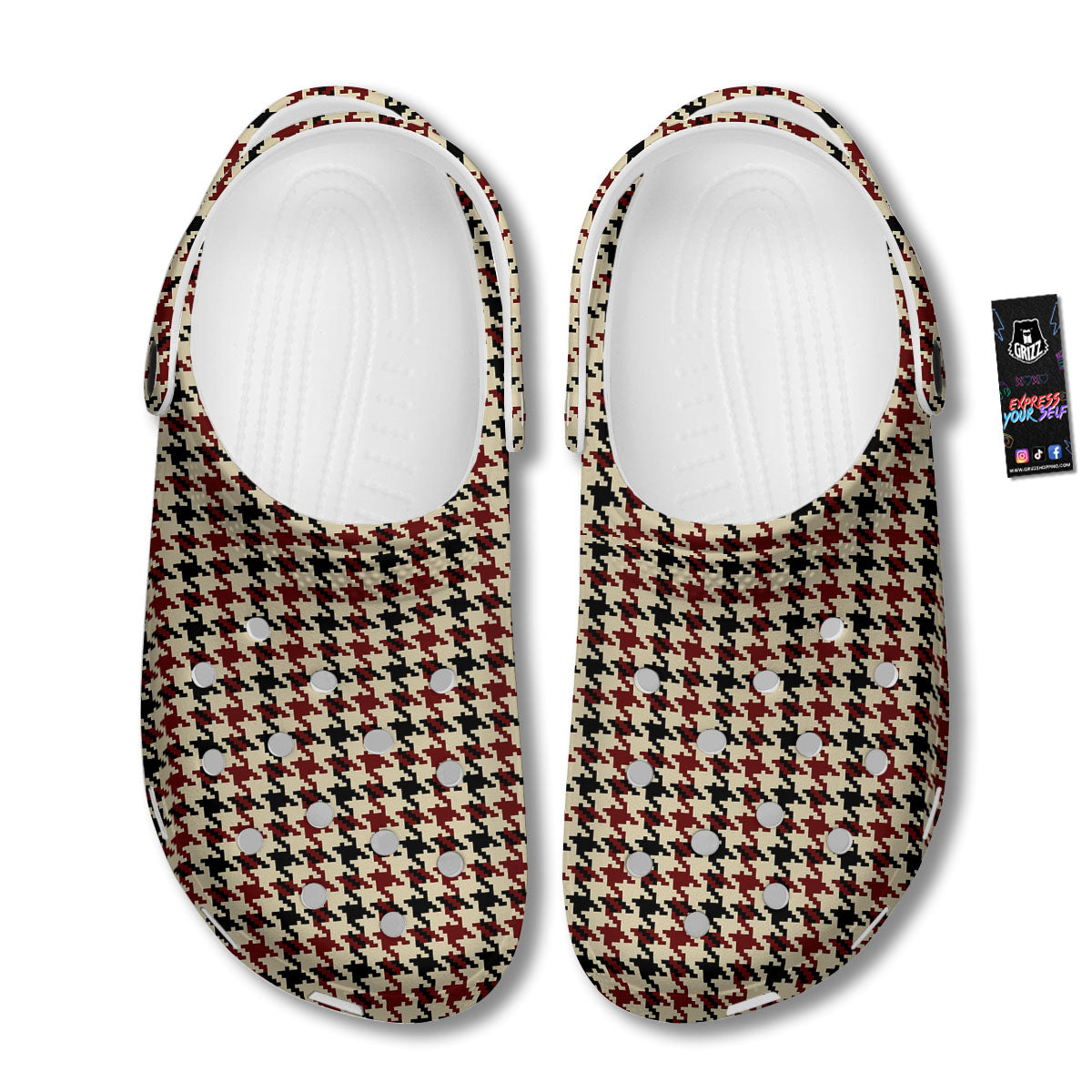 Houndstooth Red Brown Print Pattern Clog-grizzshop