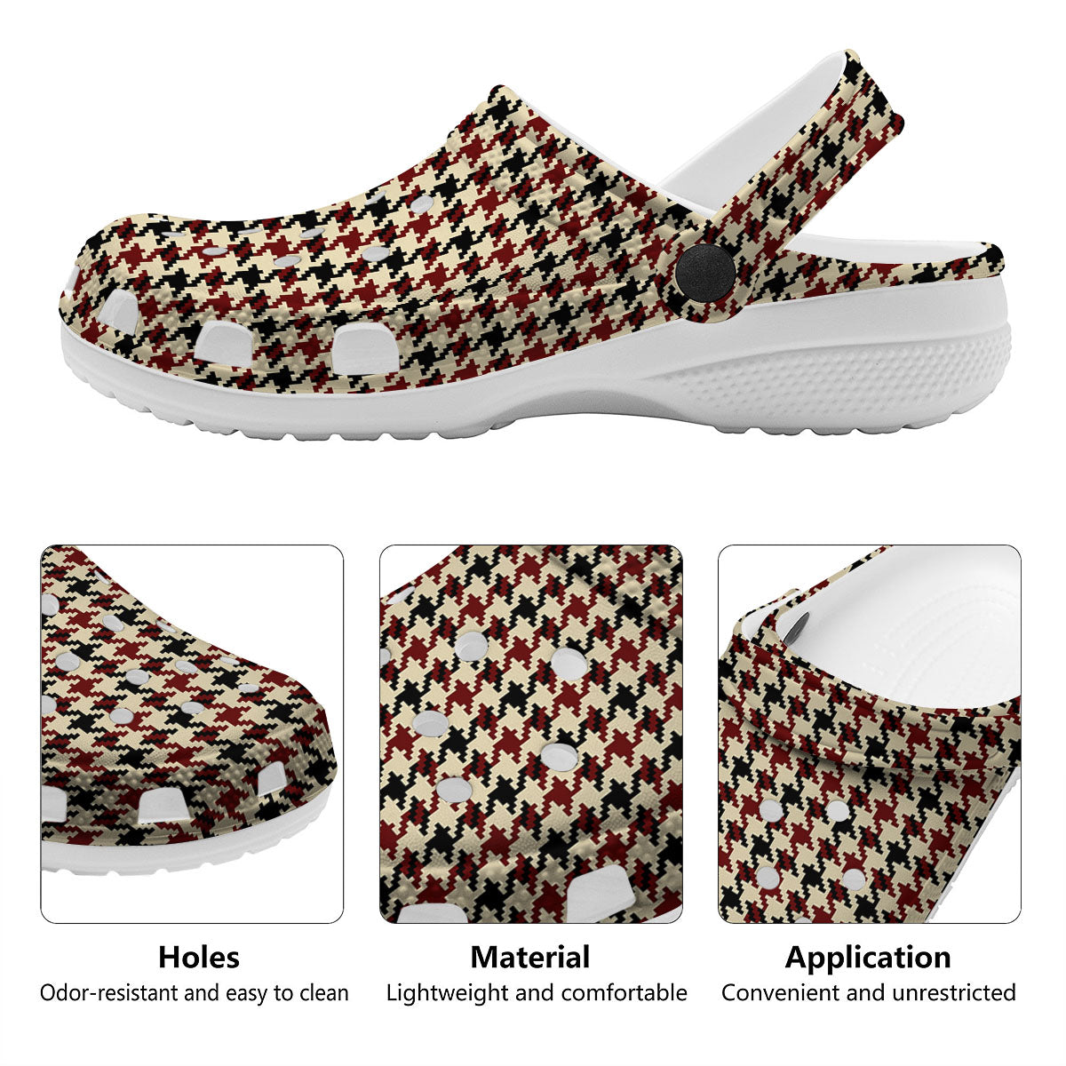 Houndstooth Red Brown Print Pattern Clog-grizzshop