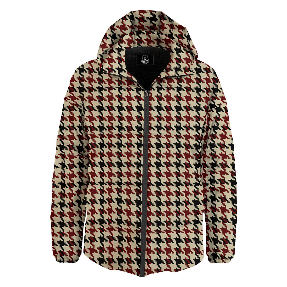 Houndstooth Red Brown Print Pattern Down Jacket-grizzshop