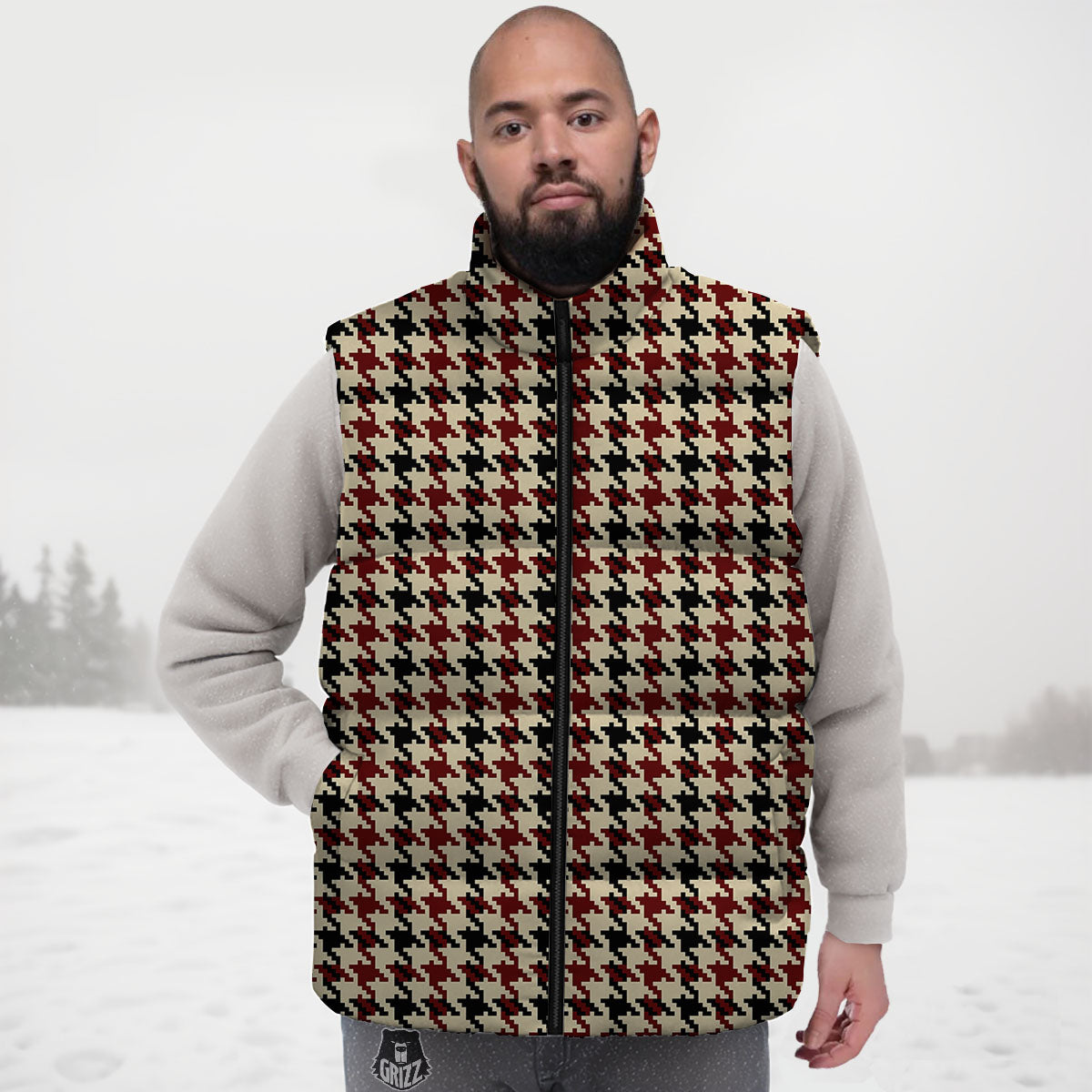 Houndstooth Red Brown Print Pattern Down Vest
