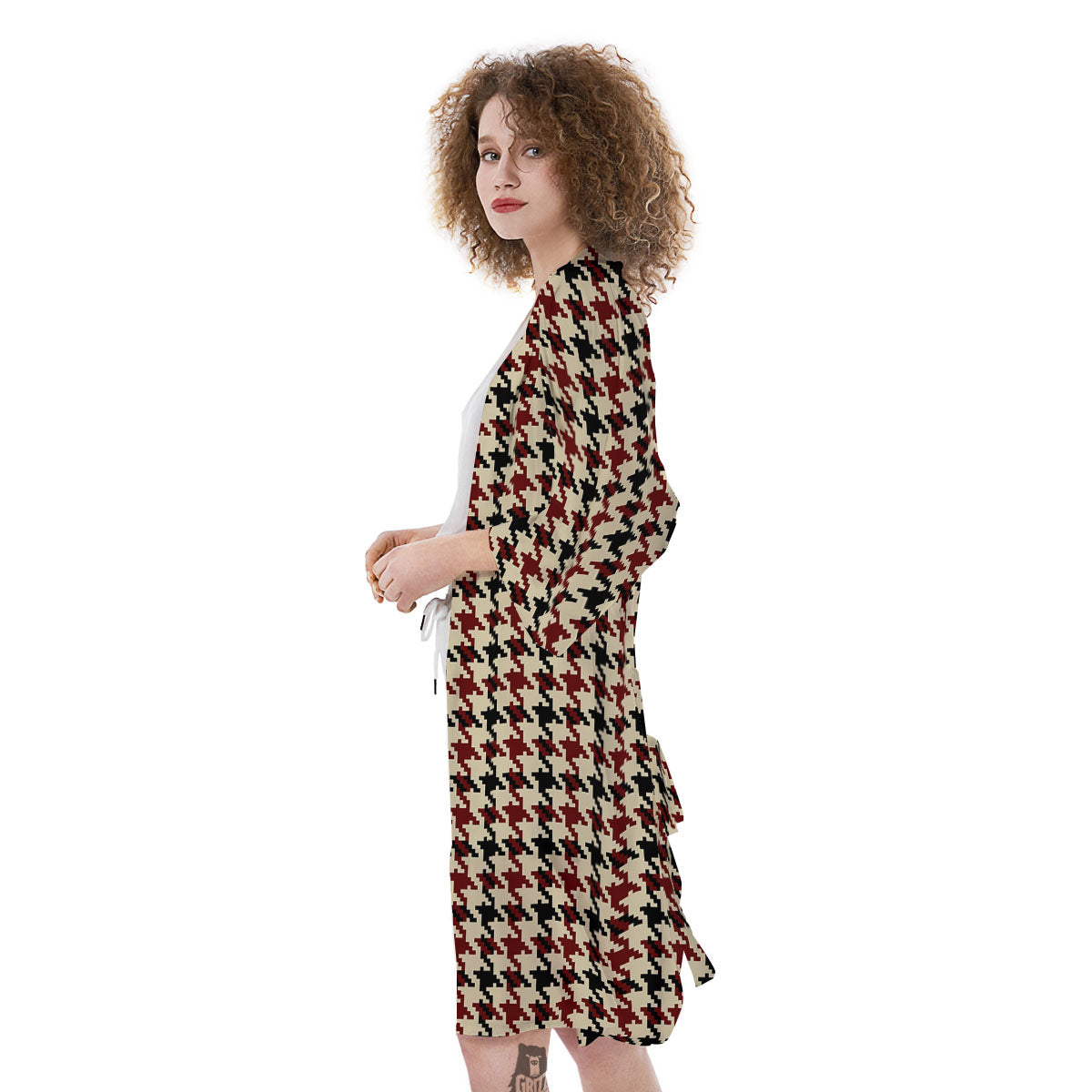 Houndstooth Red Brown Print Pattern Kimono-grizzshop