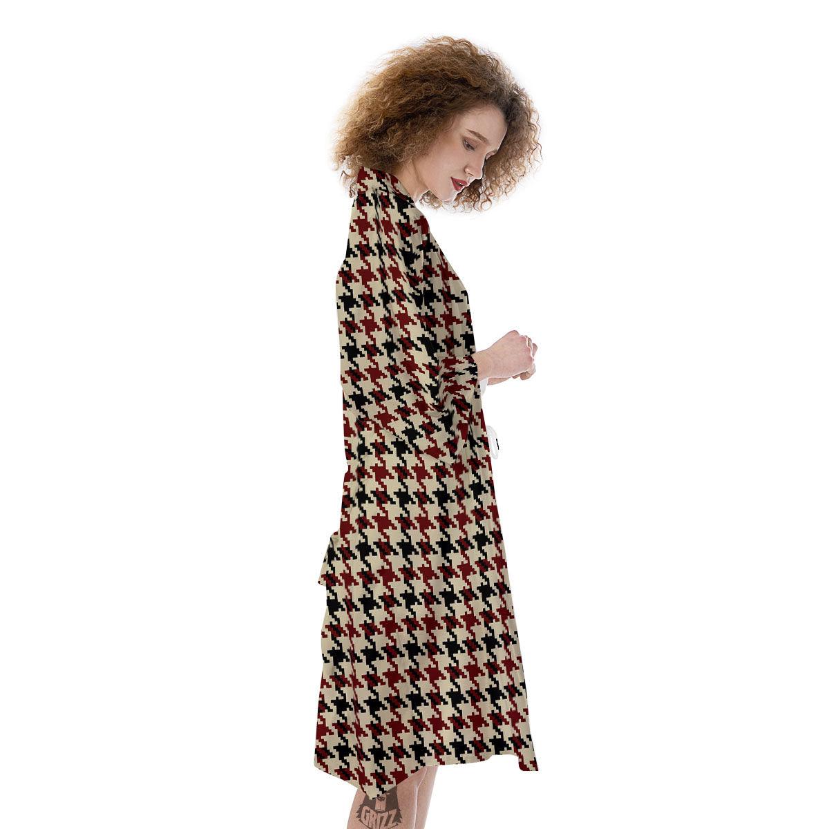 Houndstooth Red Brown Print Pattern Kimono-grizzshop
