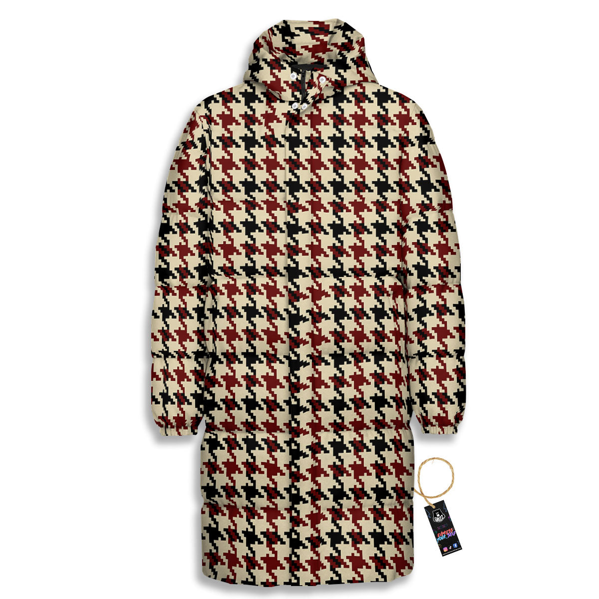 Houndstooth Red Brown Print Pattern Long Down Jacket-grizzshop