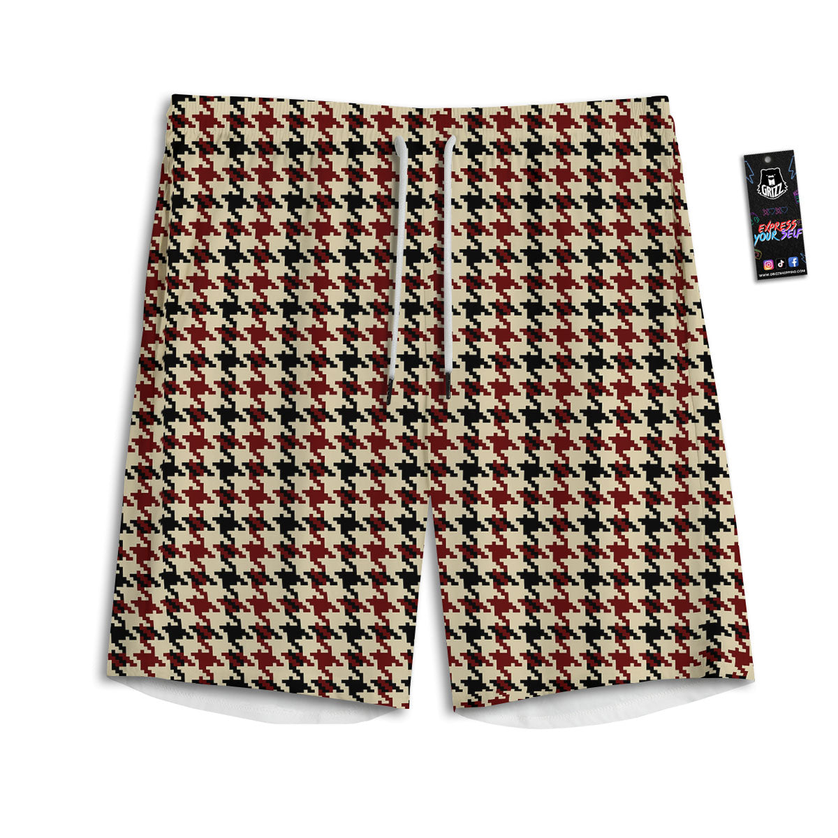 Houndstooth Red Brown Print Pattern Men's Athletic Shorts