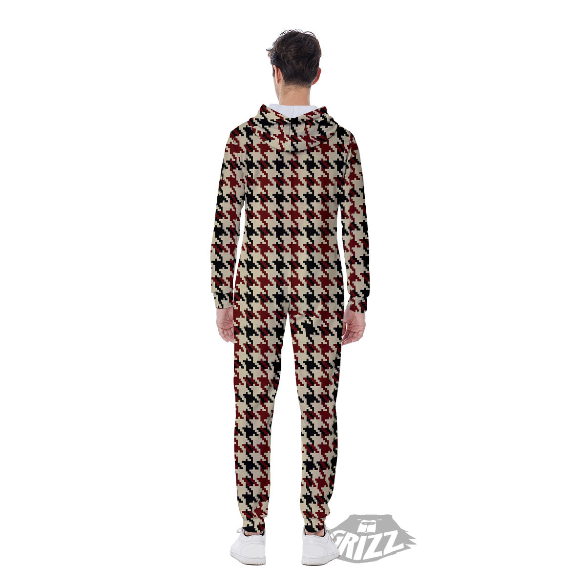 Houndstooth Red Brown Print Pattern Men's Jumpsuit-grizzshop