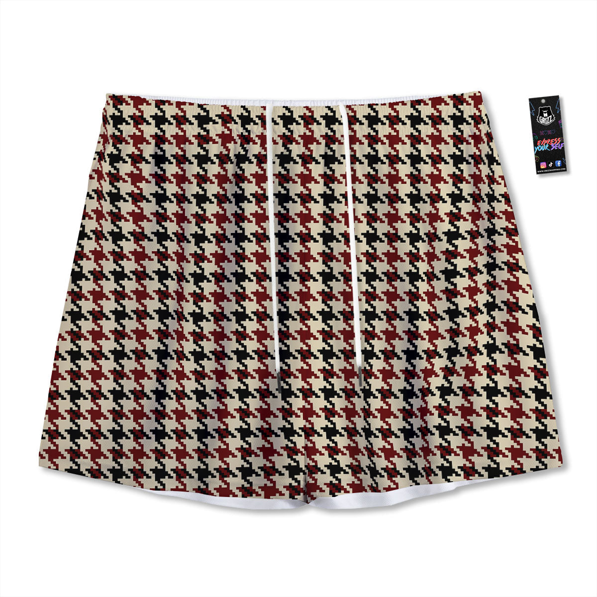 Houndstooth Red Brown Print Pattern Mesh Shorts