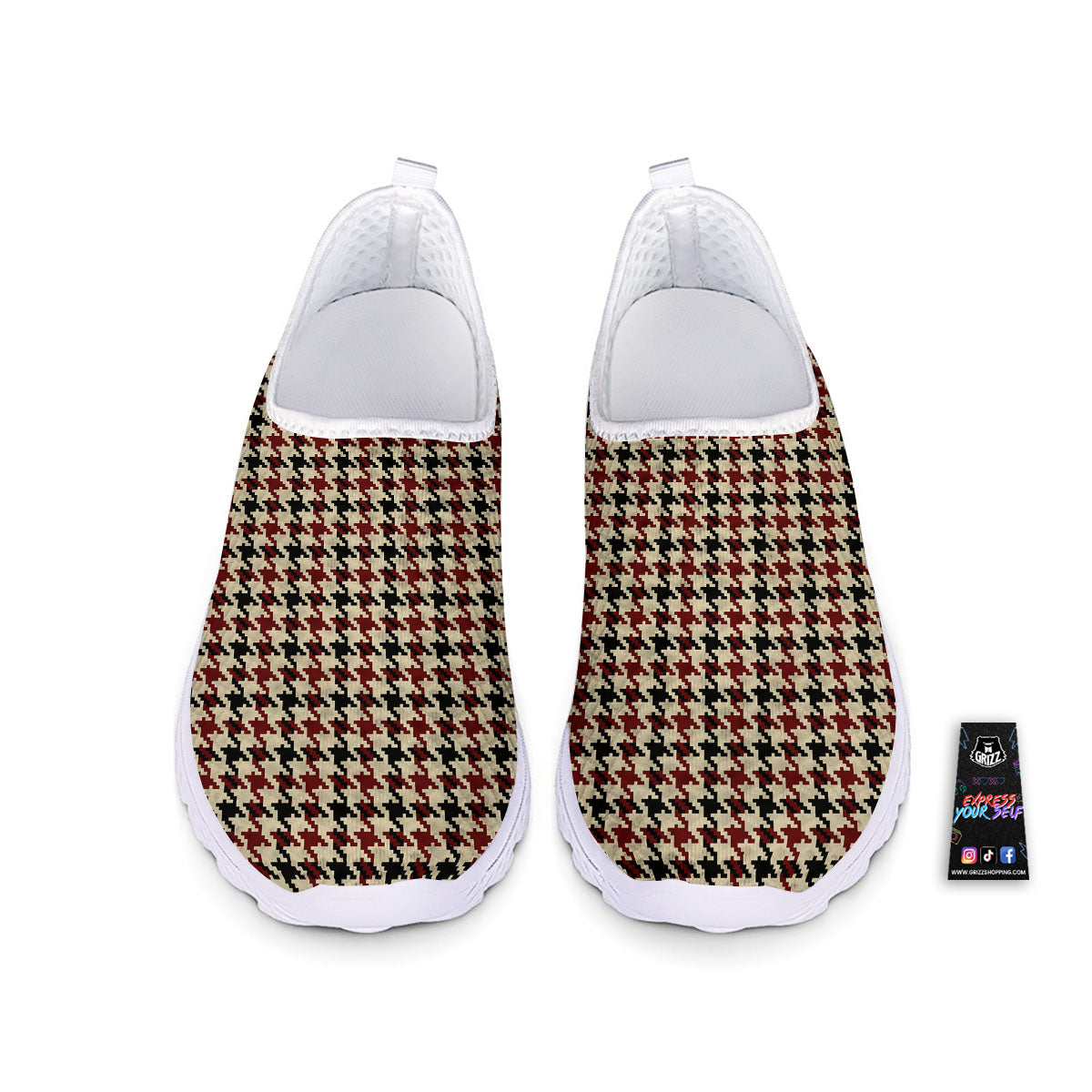 Houndstooth Red Brown Print Pattern Nurse Shoes-grizzshop