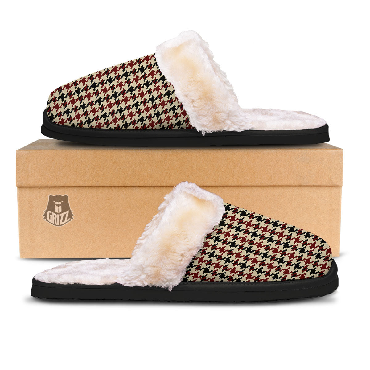 Houndstooth Red Brown Print Pattern Slippers-grizzshop