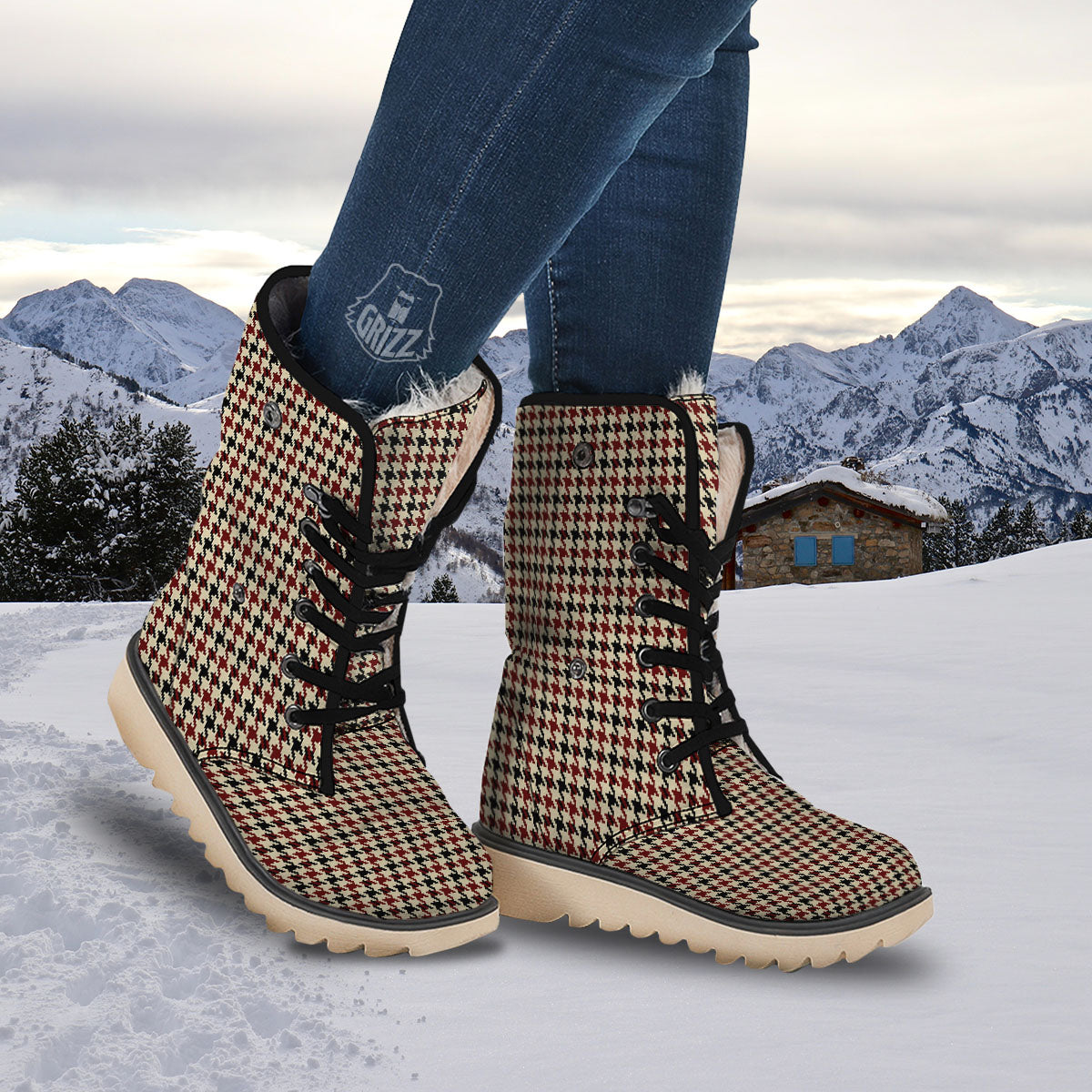 Houndstooth Red Brown Print Pattern Snow Boots-grizzshop