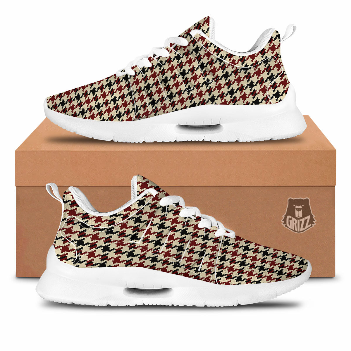 Houndstooth Red Brown Print Pattern Tennis Shoes-grizzshop
