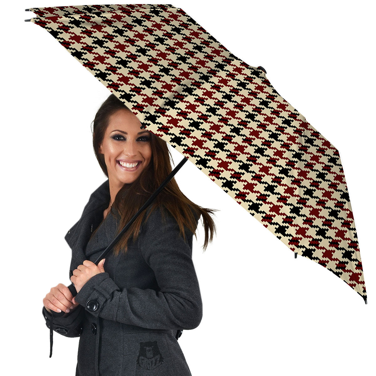 Houndstooth Red Brown Print Pattern Umbrella-grizzshop