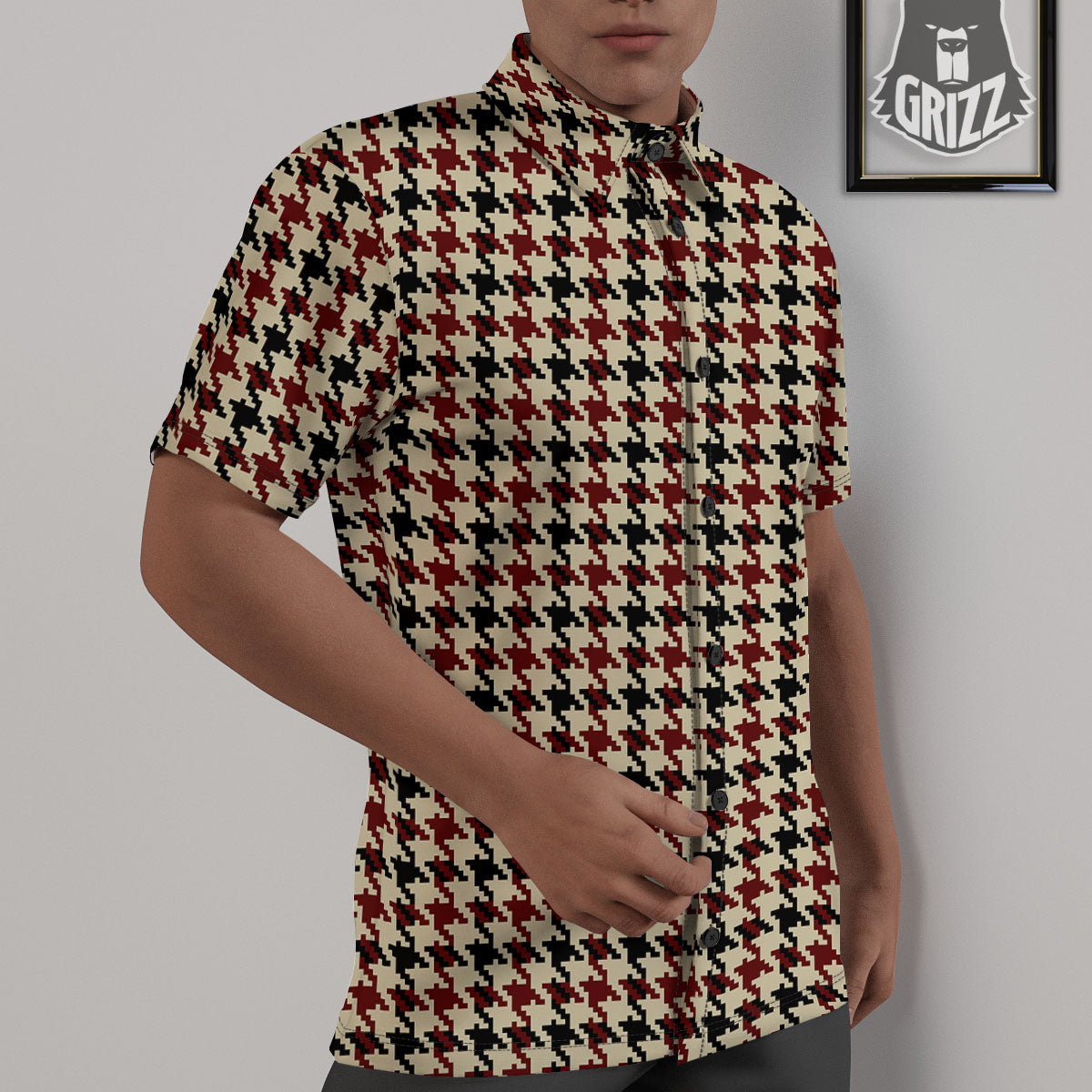 Houndstooth Red Brown Print Pattern Untucked Shirts-grizzshop