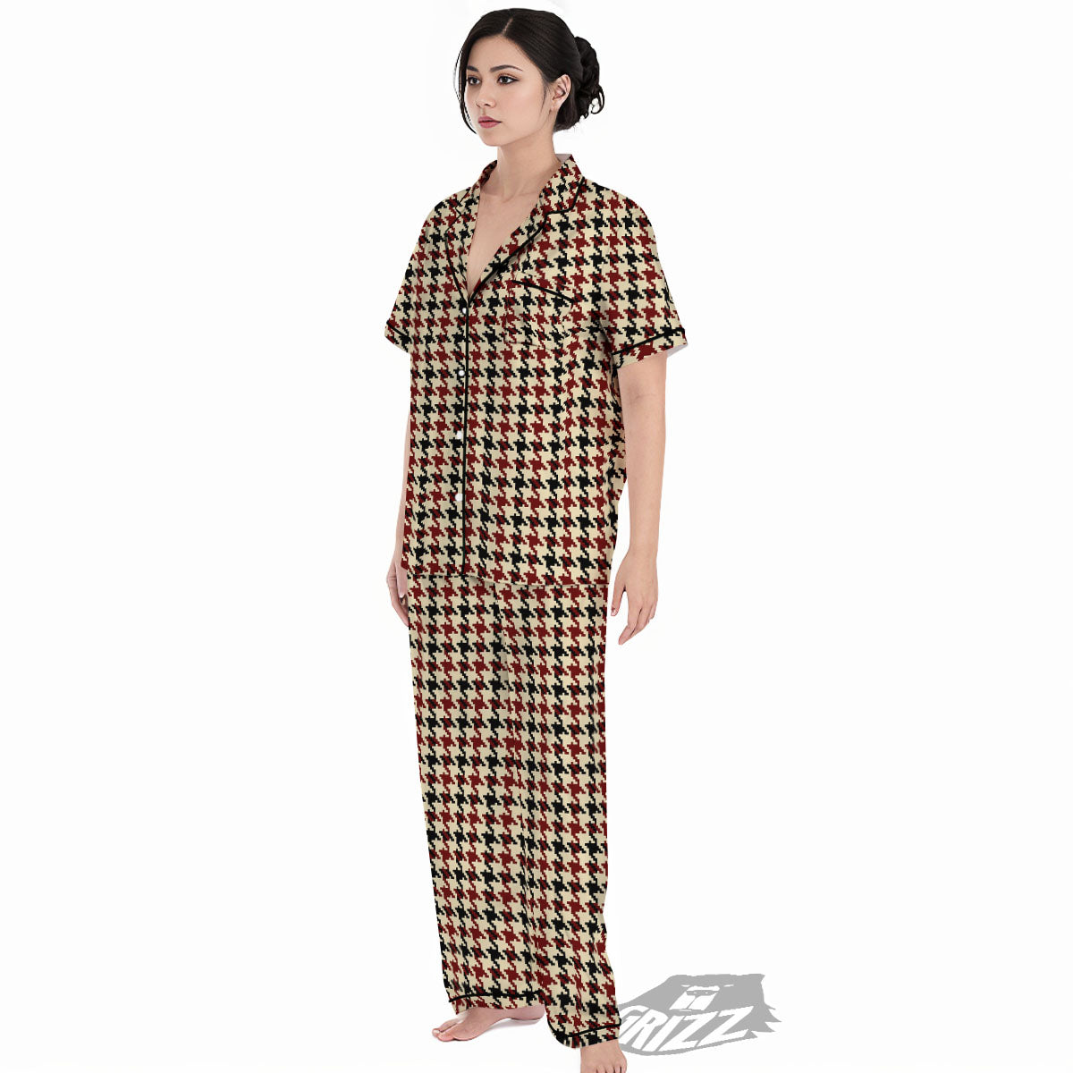 Houndstooth Red Brown Print Pattern Women's Pajamas Set-grizzshop